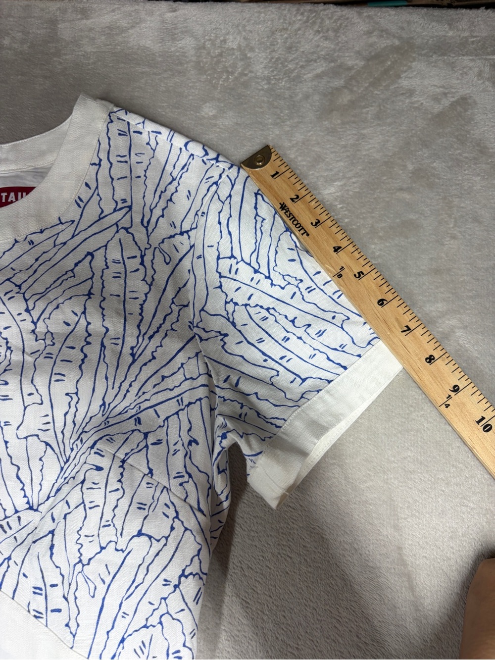 Staud Perla Blue White Palm Linen Cut Out Preppy Short Sleeve Cocktail Dress 10 - Picture 9 of 16